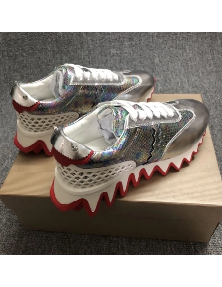 Replica Christian Louboutin Loubishark Men Sneakers Iridescent Leather Silver