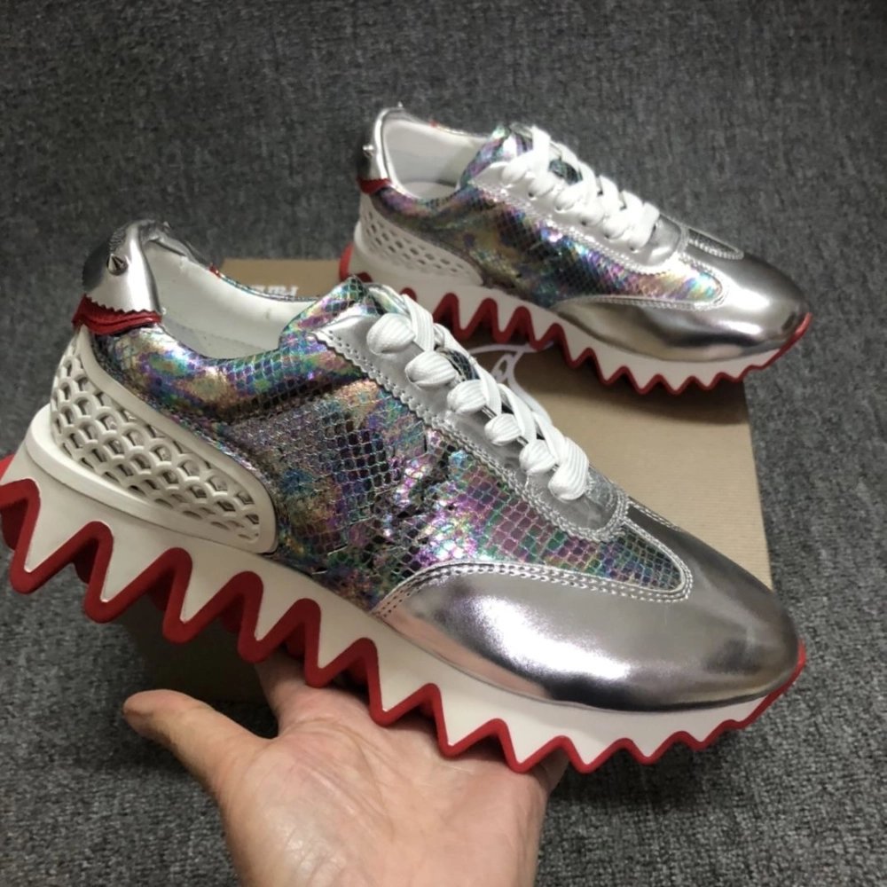 Replica Christian Louboutin Loubishark Men Sneakers Iridescent Leather Silver