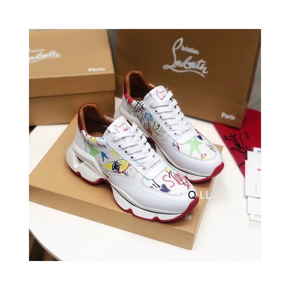 Replica Christian Louboutin Men Runners Calf Leather and Neoprene Pattern White