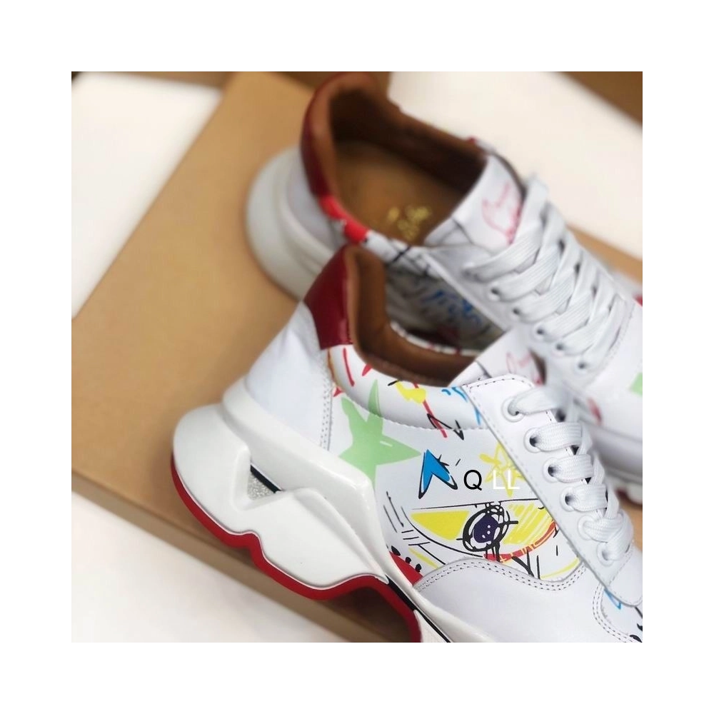 Replica Christian Louboutin Men Runners Calf Leather and Neoprene Pattern White