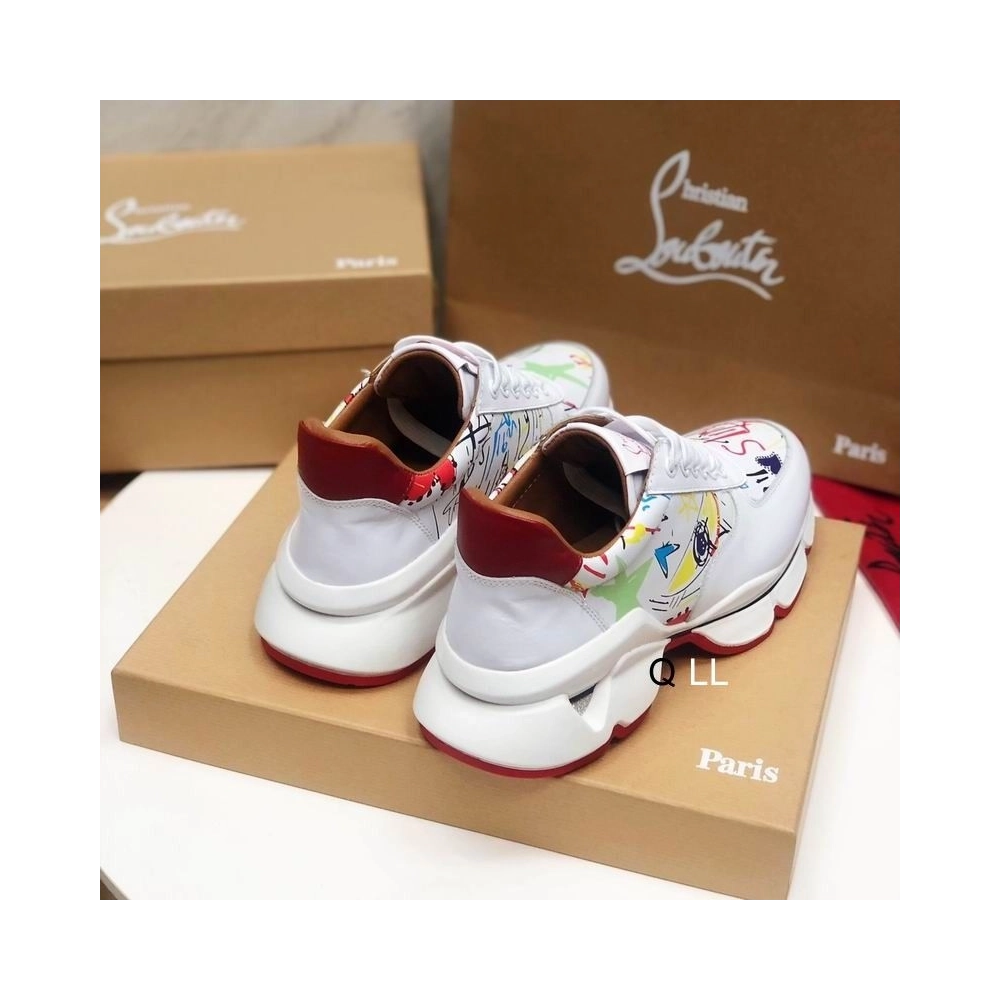 Replica Christian Louboutin Men Runners Calf Leather and Neoprene Pattern White