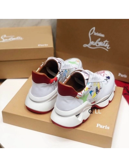 Replica Christian Louboutin Men Runners Calf Leather and Neoprene Pattern White