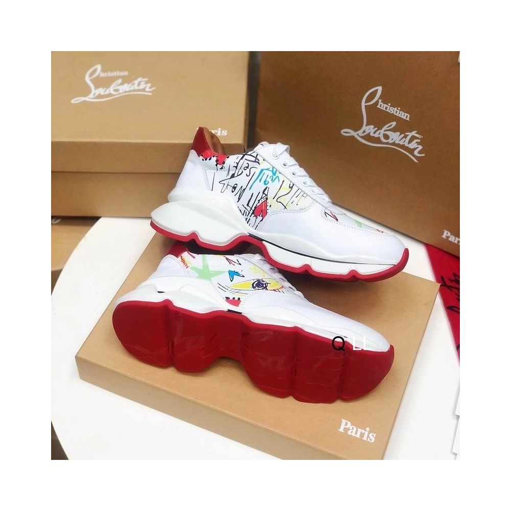 Replica Christian Louboutin Men Runners Calf Leather and Neoprene Pattern White