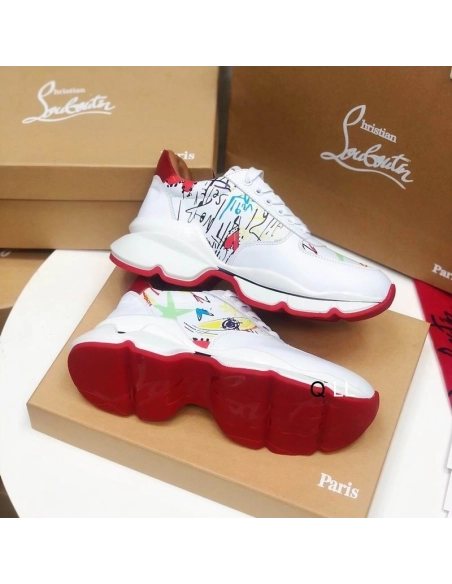 Replica Christian Louboutin Men Runners Calf Leather and Neoprene Pattern White