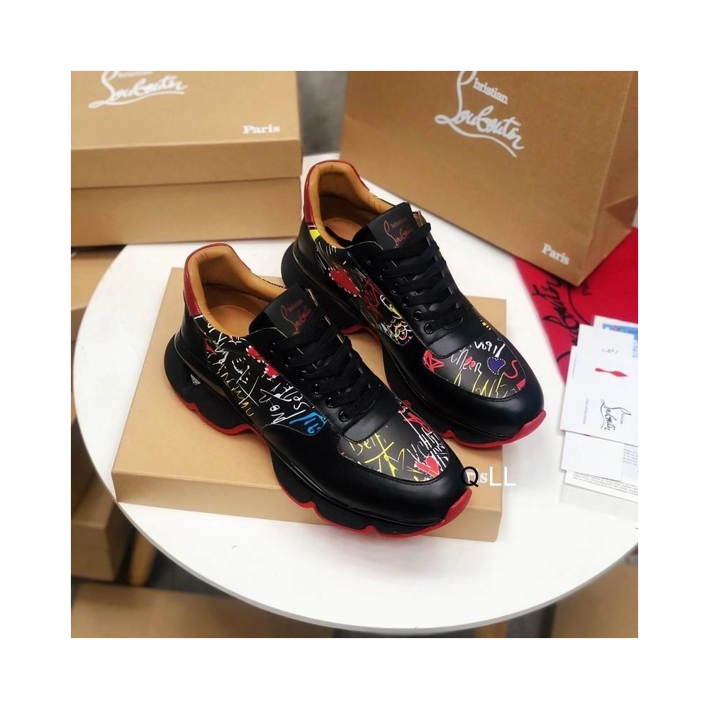 Discount Christian Louboutin Men Runners Calf Leather and Neoprene Pattern Black Outlet Sale
