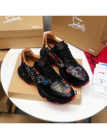Discount Christian Louboutin Men Runners Calf Leather and Neoprene Pattern Black Outlet Sale