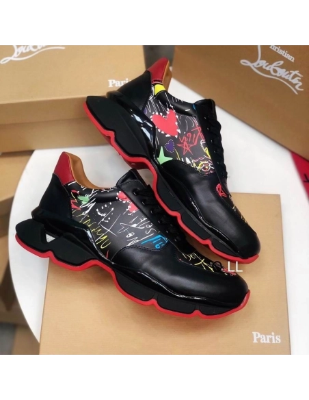 Discount Christian Louboutin Men Runners Calf Leather and Neoprene Pattern Black Outlet Sale