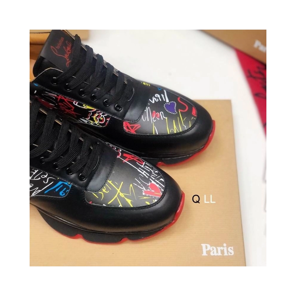 Discount Christian Louboutin Men Runners Calf Leather and Neoprene Pattern Black Outlet Sale