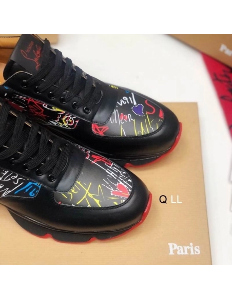 Discount Christian Louboutin Men Runners Calf Leather and Neoprene Pattern Black Outlet Sale