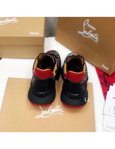Discount Christian Louboutin Men Runners Calf Leather and Neoprene Pattern Black Outlet Sale