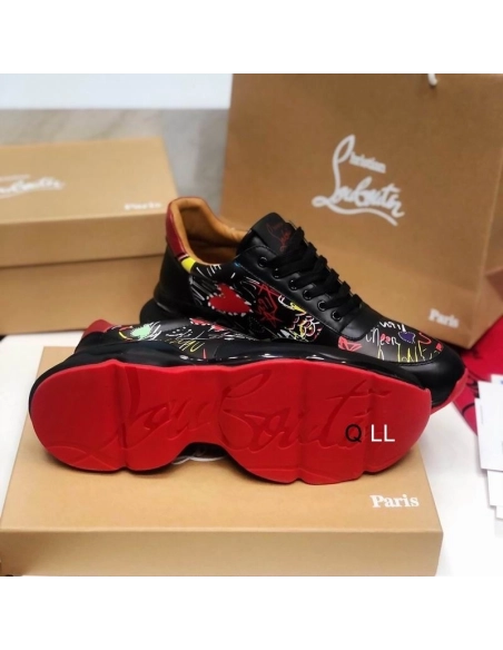 Discount Christian Louboutin Men Runners Calf Leather and Neoprene Pattern Black Outlet Sale