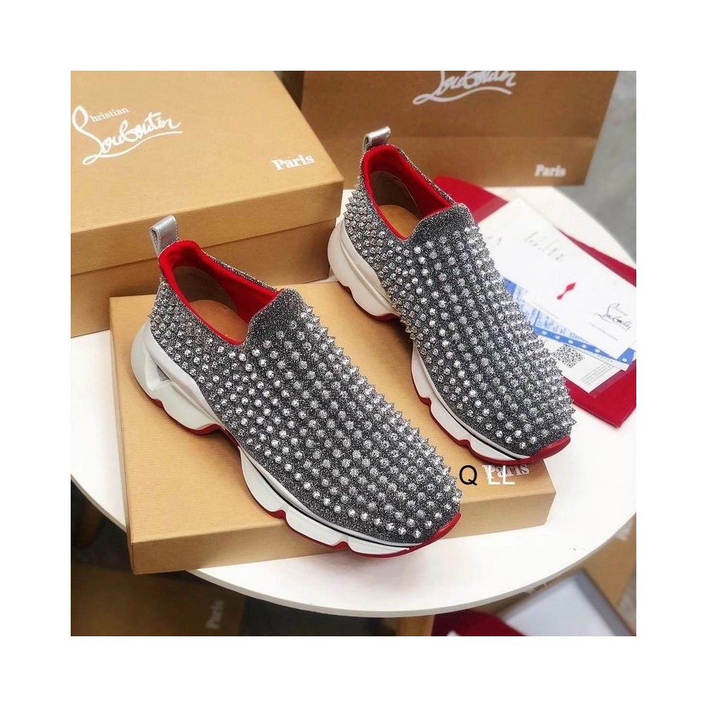 Cheap Christian Louboutin Spike Sock Sneakers Neoprene Silver for Sale, Discount CL Shoes Outlet Online