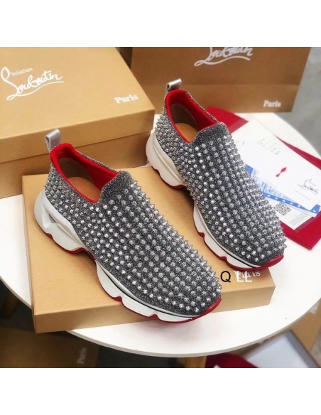 Cheap Christian Louboutin Spike Sock Sneakers Neoprene Silver for Sale, Discount CL Shoes Outlet Online
