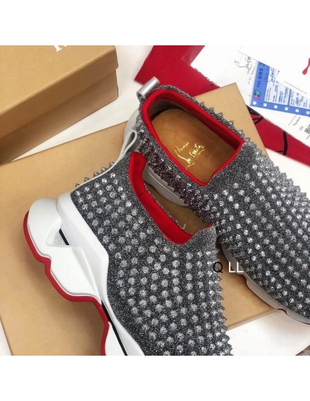 Cheap Christian Louboutin Spike Sock Sneakers Neoprene Silver for Sale, Discount CL Shoes Outlet Online