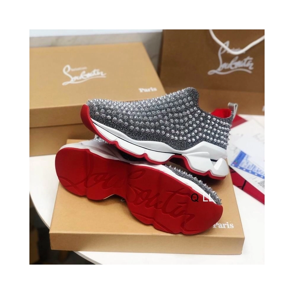 Cheap Christian Louboutin Spike Sock Sneakers Neoprene Silver for Sale, Discount CL Shoes Outlet Online