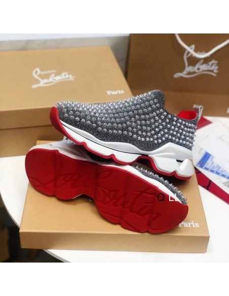 Cheap Christian Louboutin Spike Sock Sneakers Neoprene Silver for Sale, Discount CL Shoes Outlet Online