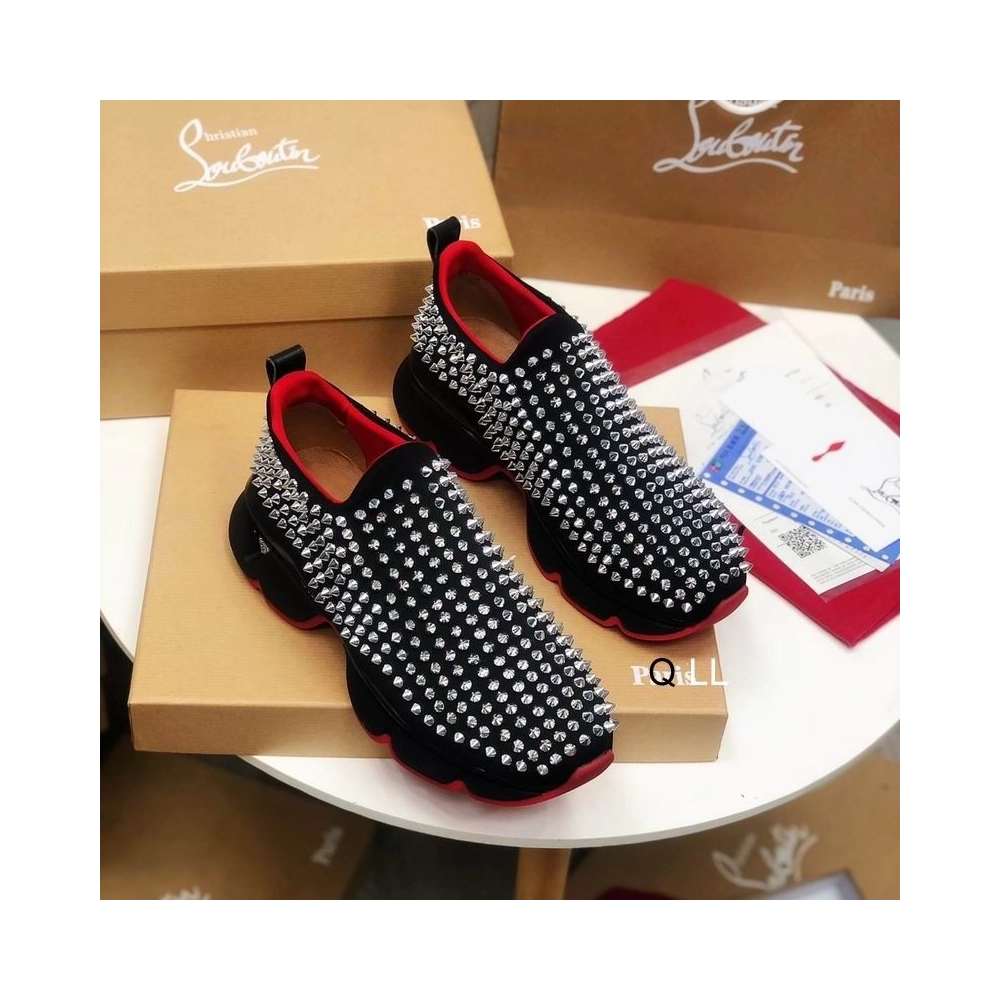 Replica Christian Louboutin Spike Sock Sneakers Neoprene Black Silver Spikes
