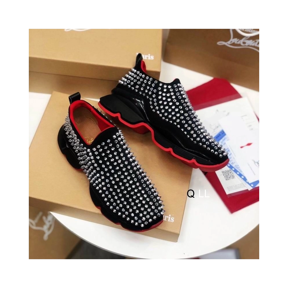 Replica Christian Louboutin Spike Sock Sneakers Neoprene Black Silver Spikes