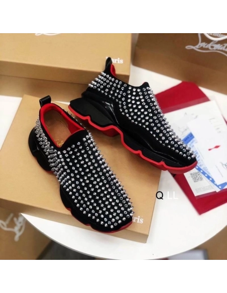 Replica Christian Louboutin Spike Sock Sneakers Neoprene Black Silver Spikes