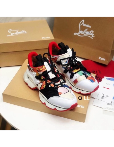 Fake Christian Louboutin Red Runner Flat Sneakers Leather And Neoprene Pattern Multi