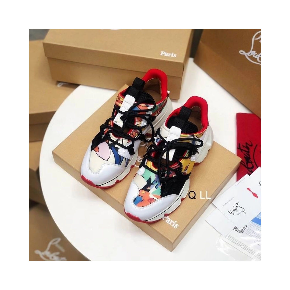 Fake Christian Louboutin Red Runner Flat Sneakers Leather And Neoprene Pattern Multi