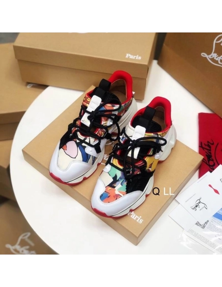 Fake Christian Louboutin Red Runner Flat Sneakers Leather And Neoprene Pattern Multi