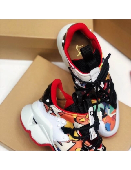Fake Christian Louboutin Red Runner Flat Sneakers Leather And Neoprene Pattern Multi