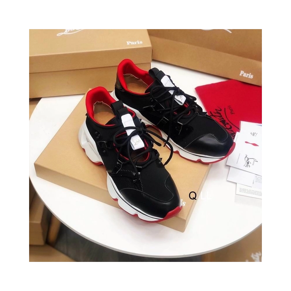 Replica Christian Louboutin Red Runner Flat Sneakers Calf Neoprene Black