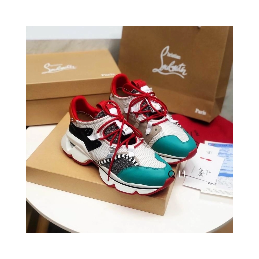 Knockoff Christian Louboutin Red Runner Flat Sneakers Glitter Leather Mesh Multicolor
