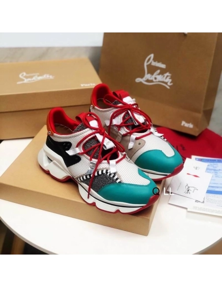 Knockoff Christian Louboutin Red Runner Flat Sneakers Glitter Leather Mesh Multicolor