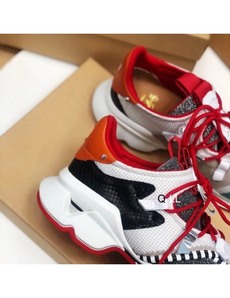 Knockoff Christian Louboutin Red Runner Flat Sneakers Glitter Leather Mesh Multicolor