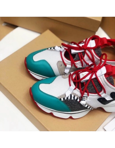 Knockoff Christian Louboutin Red Runner Flat Sneakers Glitter Leather Mesh Multicolor