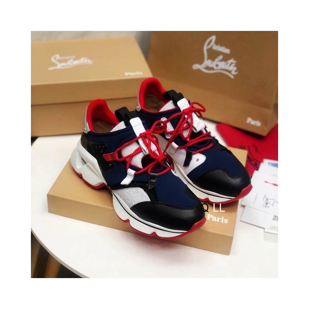 Replica Christian Louboutin Red Runner Flat Sneakers Neoprene Patent Glitter Wet Multi