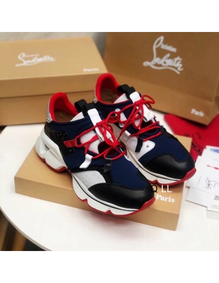 Replica Christian Louboutin Red Runner Flat Sneakers Neoprene Patent Glitter Wet Multi