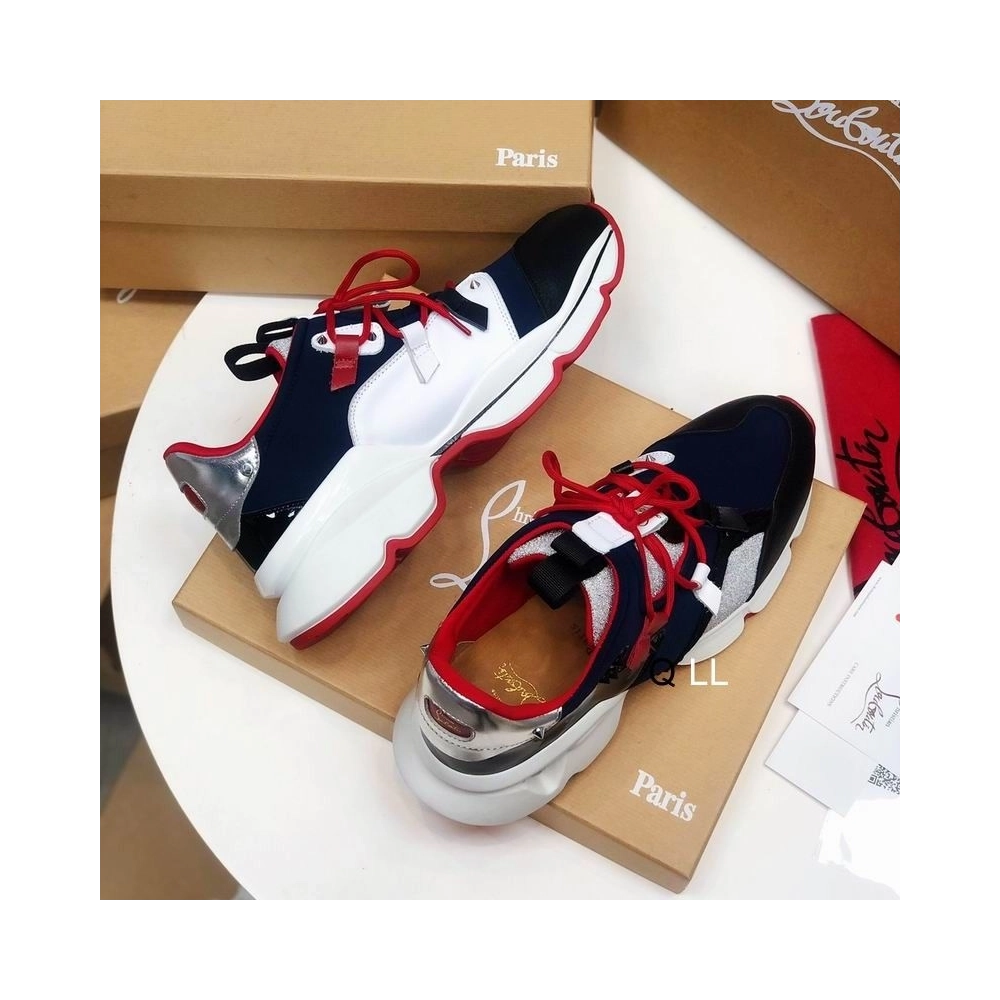 Replica Christian Louboutin Red Runner Flat Sneakers Neoprene Patent Glitter Wet Multi