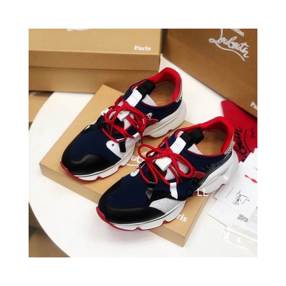 Replica Christian Louboutin Red Runner Flat Sneakers Neoprene Patent Glitter Wet Multi
