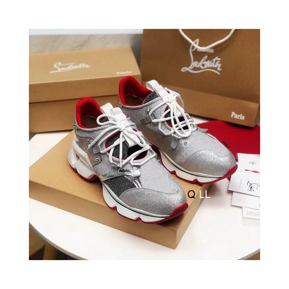 Fake Christian Louboutin Red Runner Flat Sneakers Glitter Silver, Replica CL Shoes