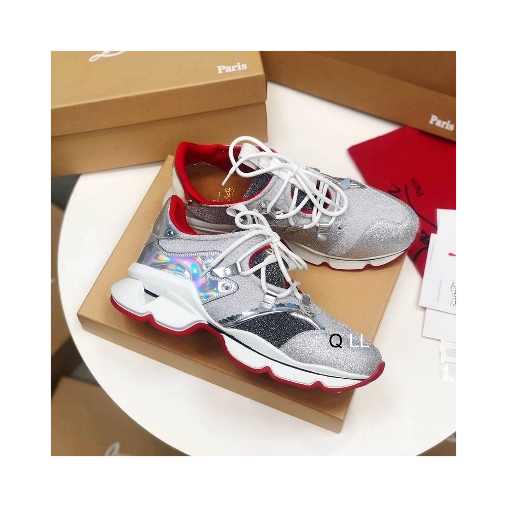 Fake Christian Louboutin Red Runner Flat Sneakers Glitter Silver, Replica CL Shoes