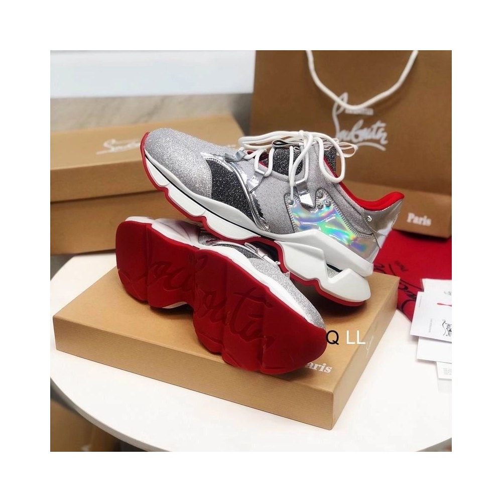 Fake Christian Louboutin Red Runner Flat Sneakers Glitter Silver, Replica CL Shoes