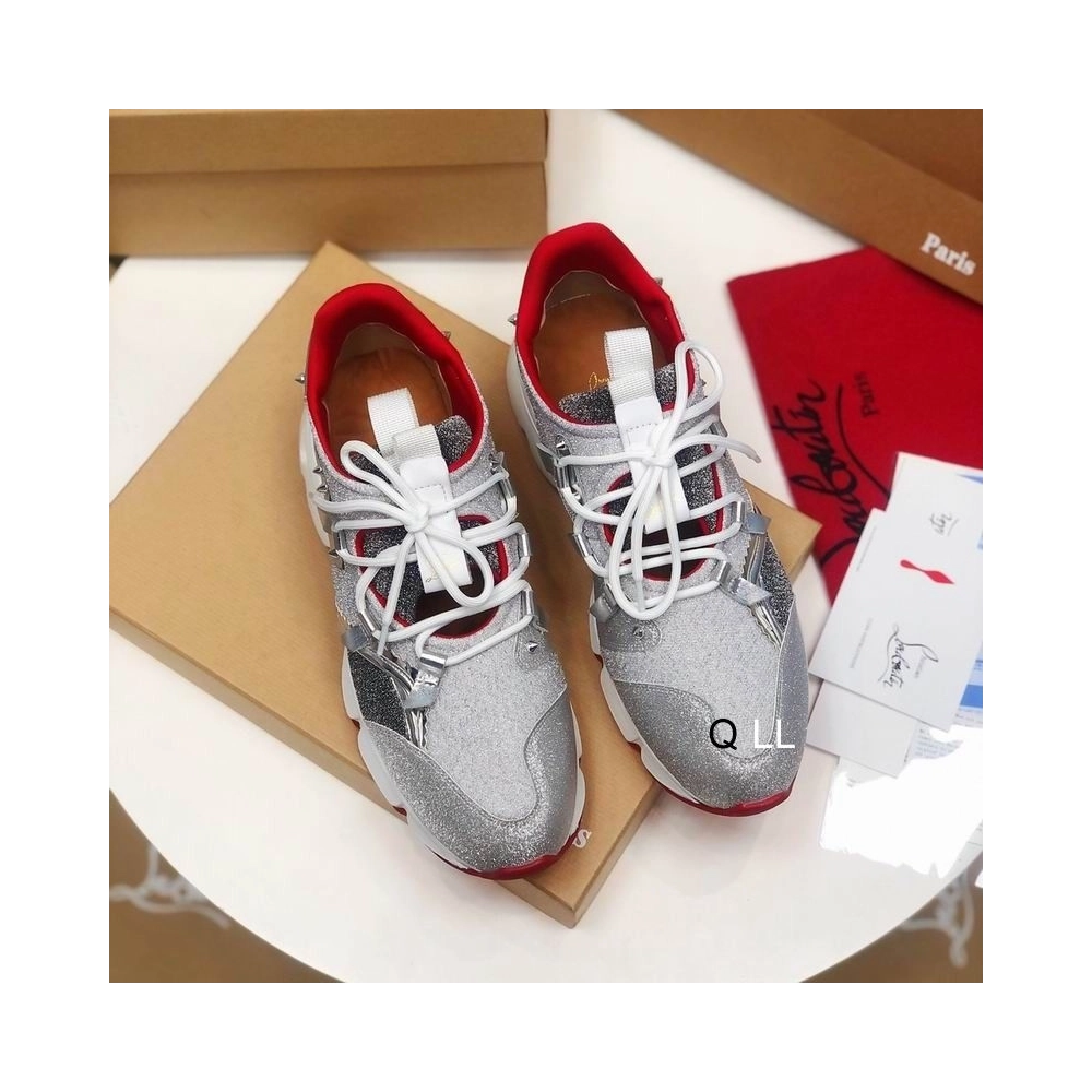 Fake Christian Louboutin Red Runner Flat Sneakers Glitter Silver, Replica CL Shoes