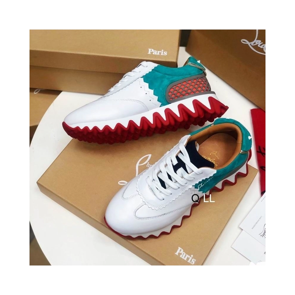 Discount Christian Louboutin Loubishark Sneakers Suede and Calf Leather White Blue Outlet