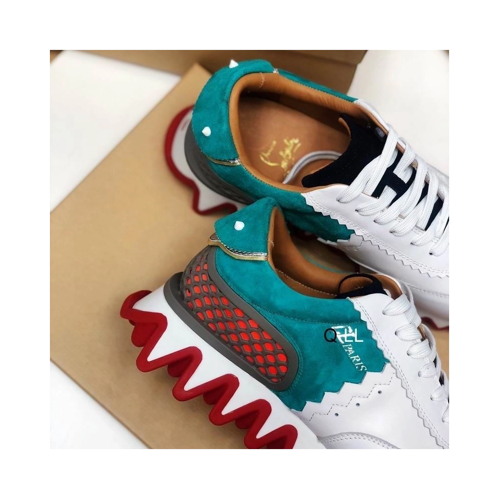 Discount Christian Louboutin Loubishark Sneakers Suede and Calf Leather White Blue Outlet