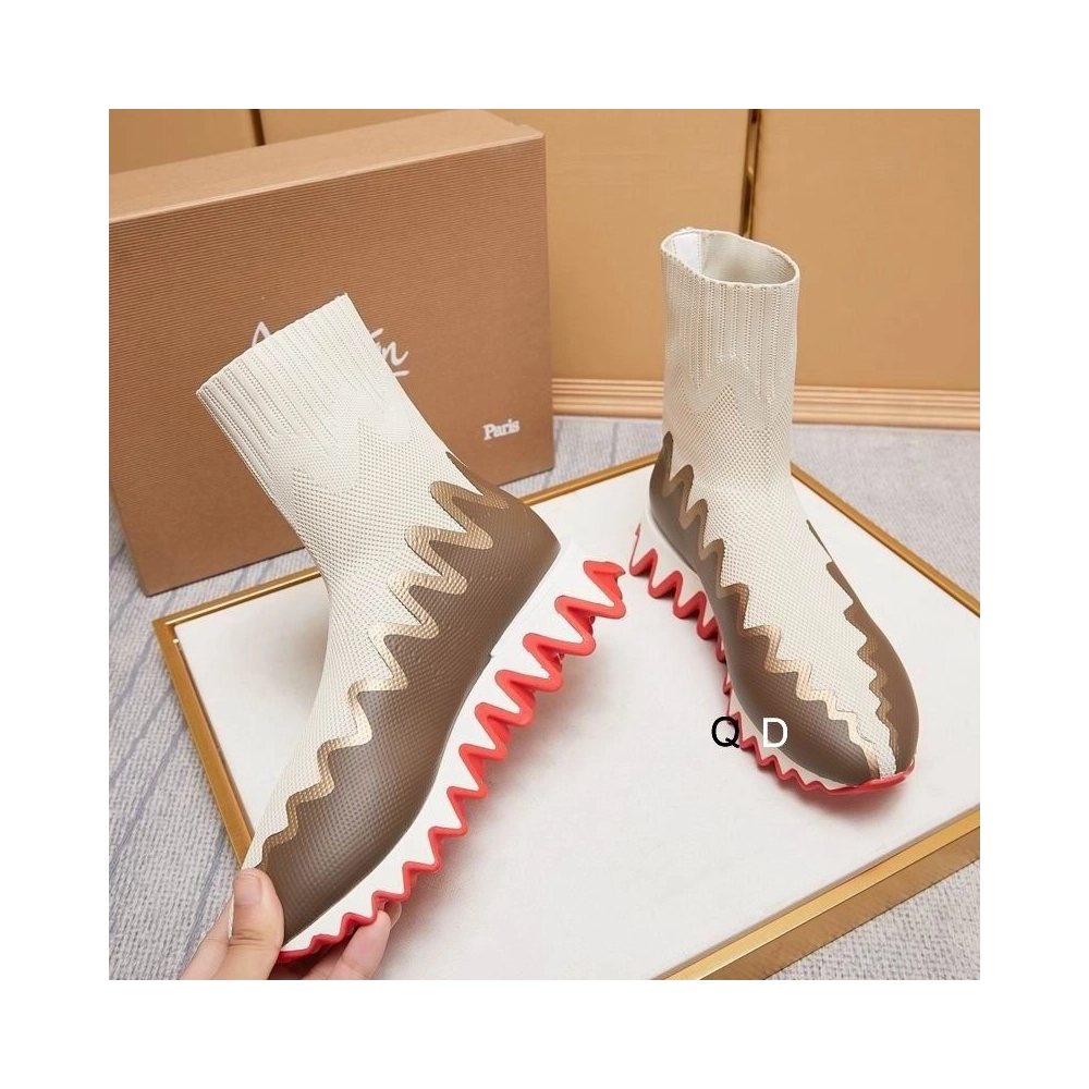Knockoff Christian Louboutin Sharky Sock Sneakers Knit Mesh White Brown