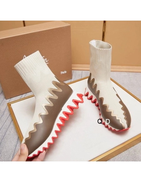 Knockoff Christian Louboutin Sharky Sock Sneakers Knit Mesh White Brown