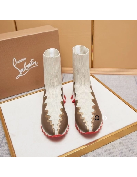 Knockoff Christian Louboutin Sharky Sock Sneakers Knit Mesh White Brown