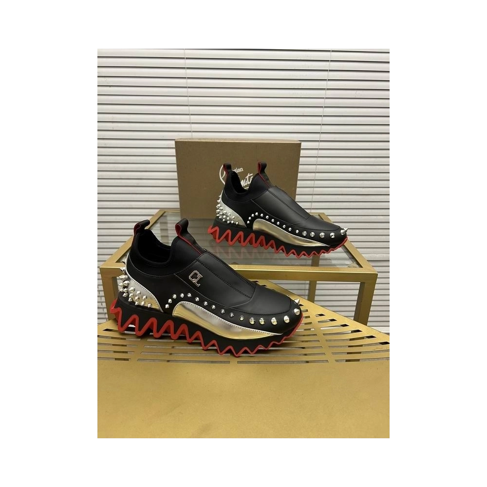 Fake Christian Louboutin Sharkyloub SP Spikes Calfskin Sneakers Black