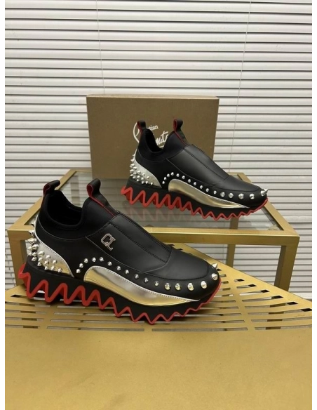 Fake Christian Louboutin Sharkyloub SP Spikes Calfskin Sneakers Black
