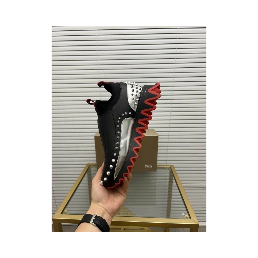 Fake Christian Louboutin Sharkyloub SP Spikes Calfskin Sneakers Black