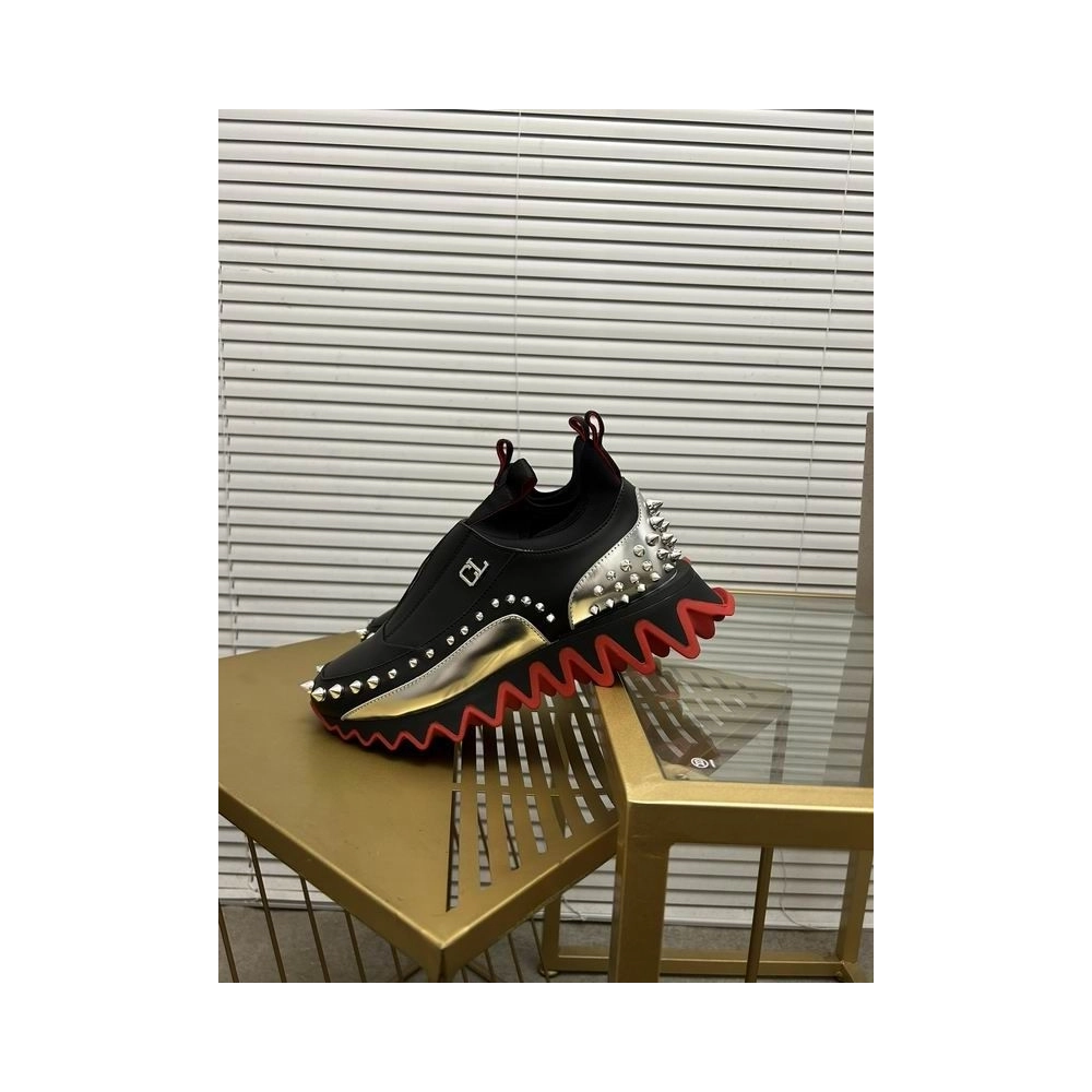 Fake Christian Louboutin Sharkyloub SP Spikes Calfskin Sneakers Black