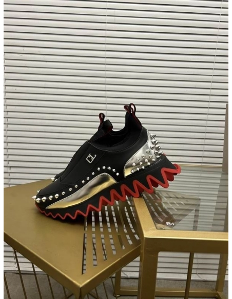 Fake Christian Louboutin Sharkyloub SP Spikes Calfskin Sneakers Black